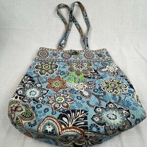 Vera Bradley Blue Floral Pattern Toggle Tote Blue Quilted Shoulder Bag
